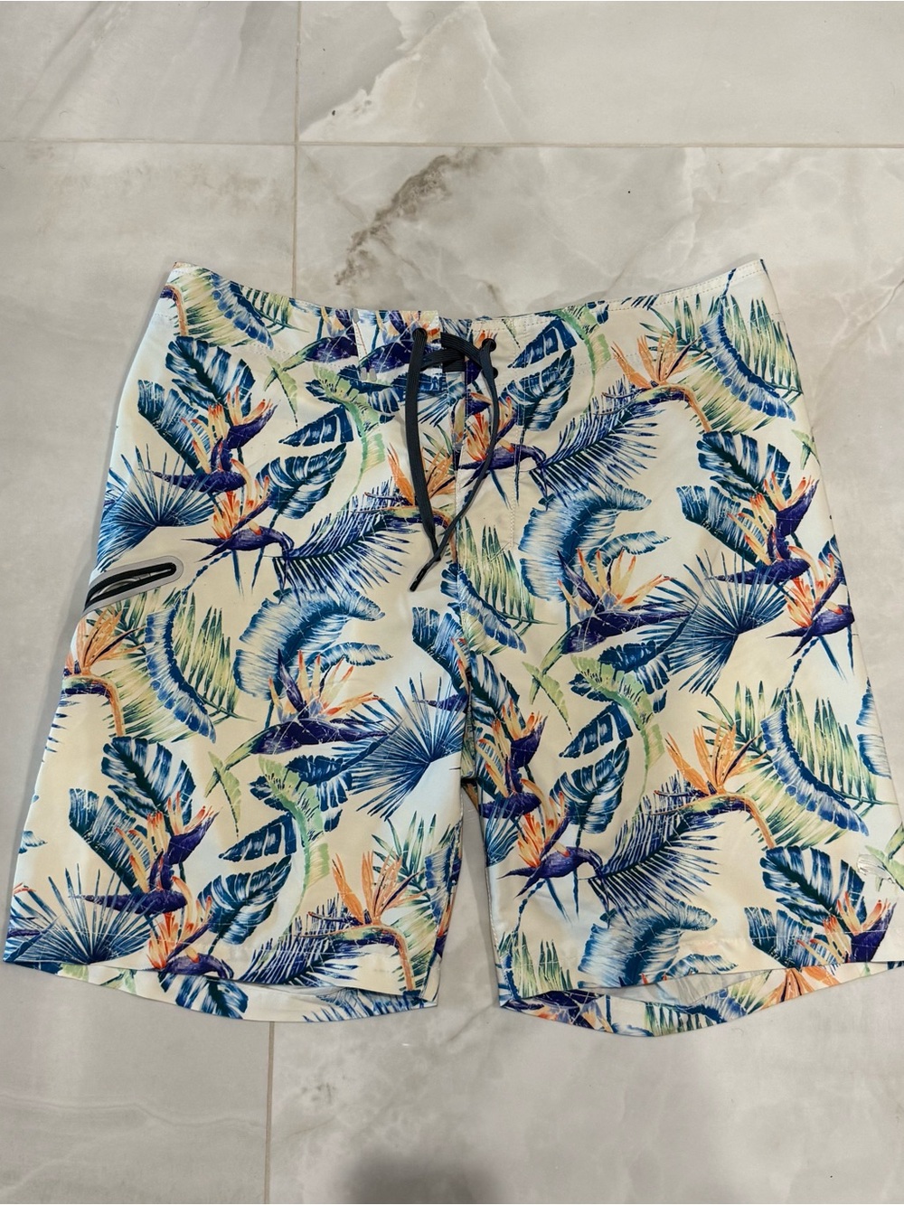 Tommy Bahama Tropical Leaf Swim Shorts - Blue & Cream with Orange Accents